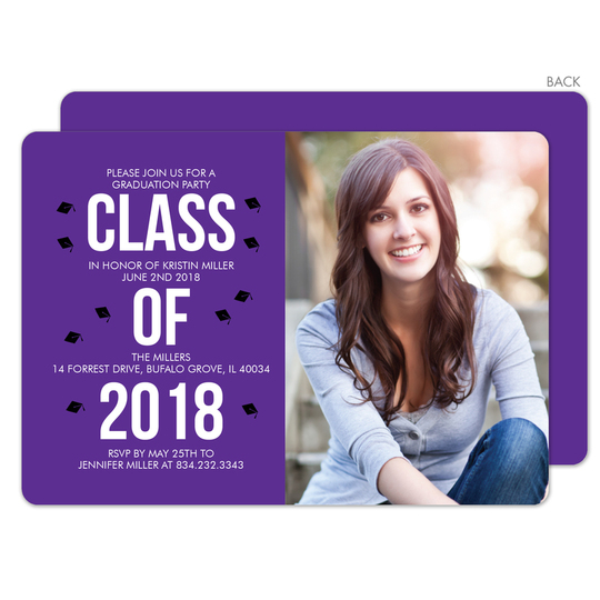 Purple Graduation Cap Confetti Photo Invitations